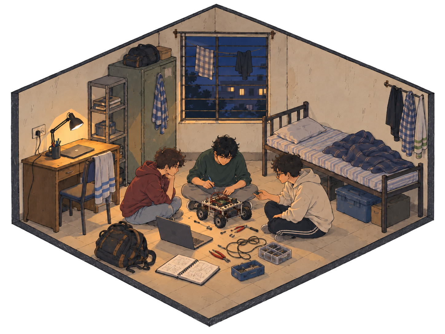 A hand-drawn miniature college hostel room at night, with three friends building a small robot on the floor among tools, components, a notebook, and a laptop.