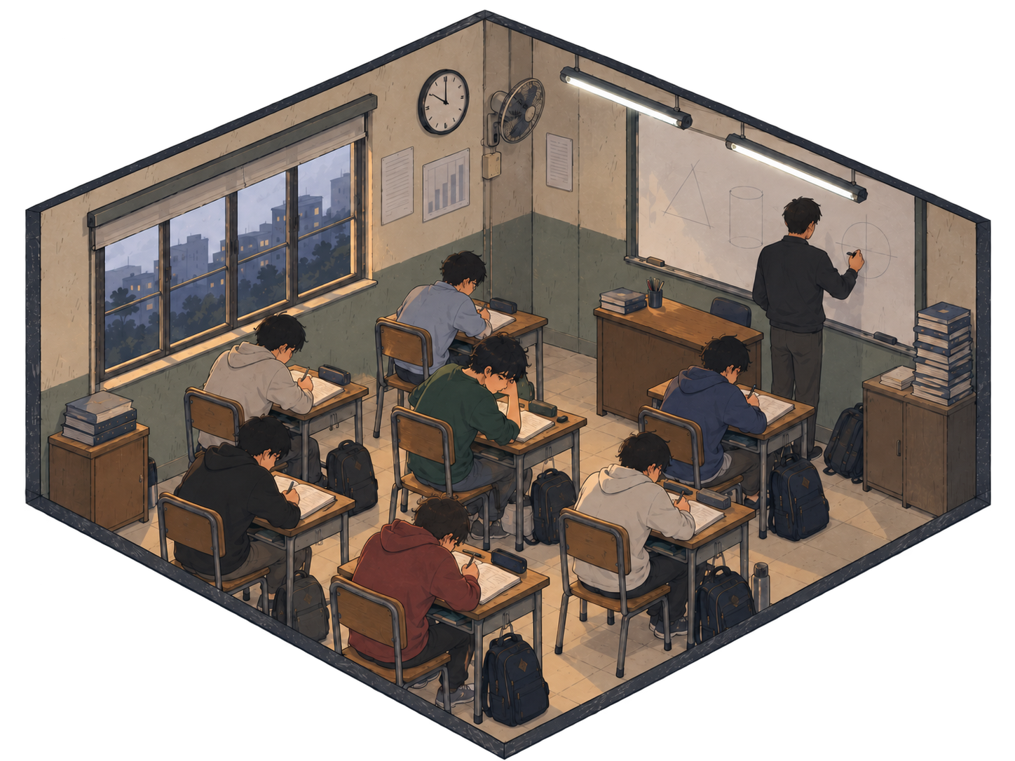 A hand-drawn miniature IIT-JEE classroom under fluorescent lights, with students bent over exercise books, a wall clock, and a teacher drawing shapes on the whiteboard.